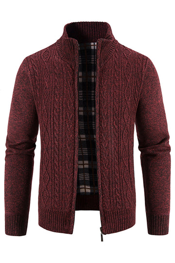 Menns Burgunder Stand Collar Fortykket Cardigan Genser